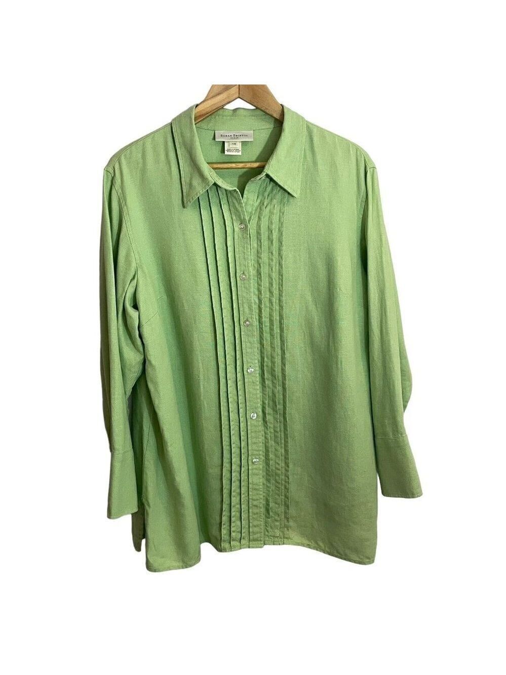Susan Bristol 100% Linen Button Up Shirt Womens 12 L Green Blouse Mature EUC